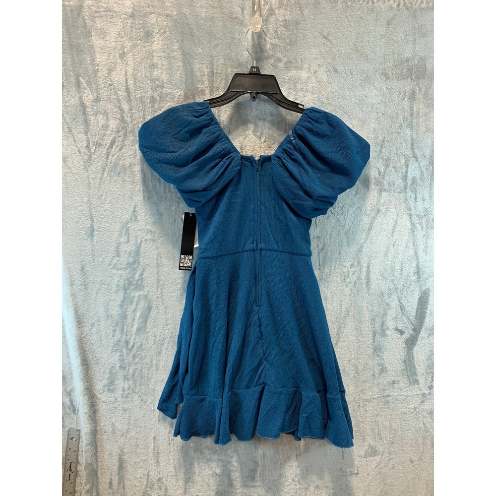 Trixxi Teal Blue Puff Sleeve Mini Dress Textured Ruffle Wrap Front XS NEW